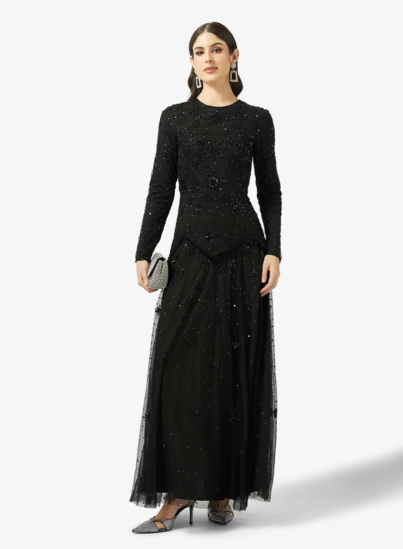Maryisa  Boat Neck Mesh Detailed Maxi Dress for Women | Best Price UAE